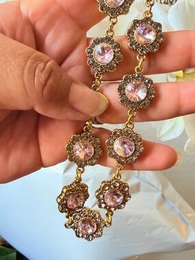 Gold-Tone Pink Crystal Floral Link Necklace